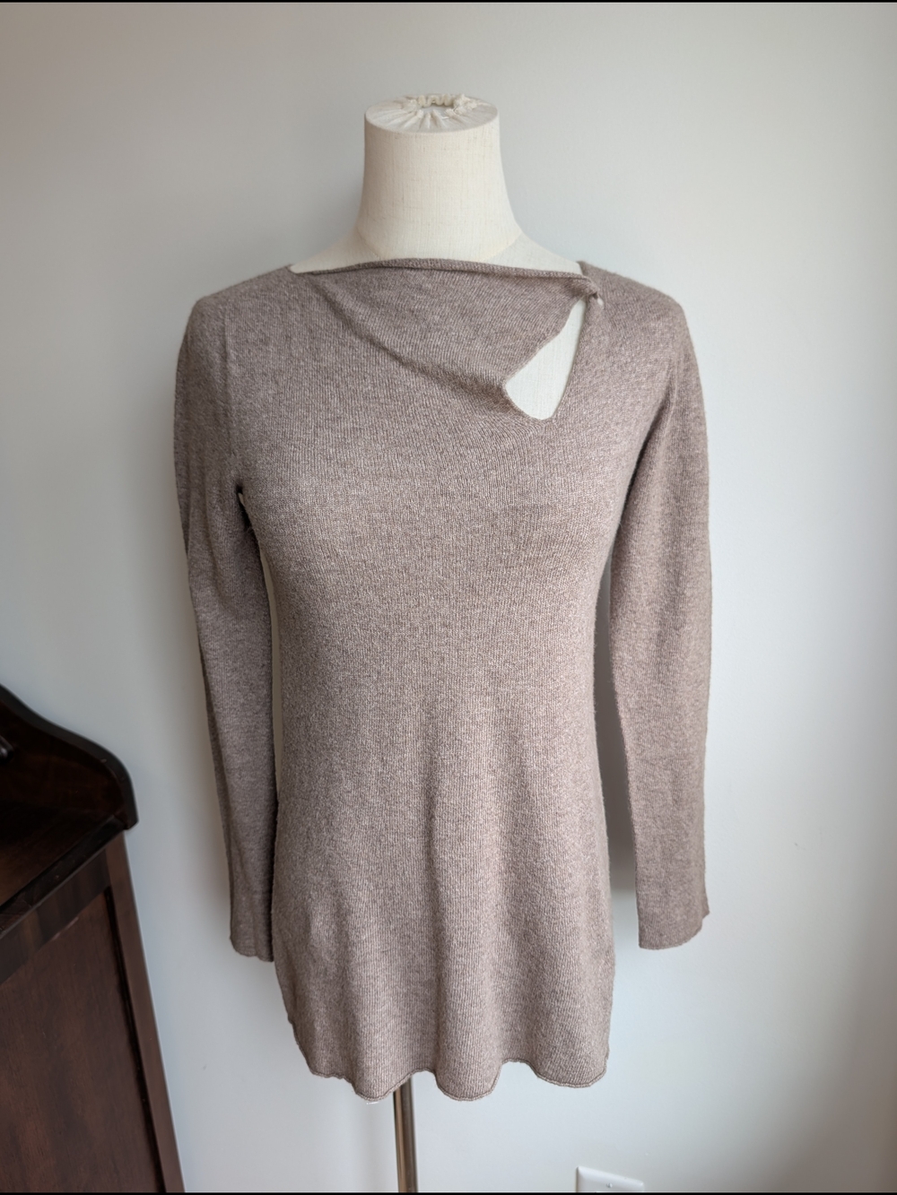 Taupe Long-Sleeve Knit Wool/Angora Blend Sweater with Asymmetric Neck